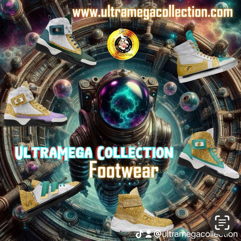 Colorful collection of stylish footwear featuring various designs and textures against a cosmic background, showcasing the ULTRAMEGA COLLECTION logo.