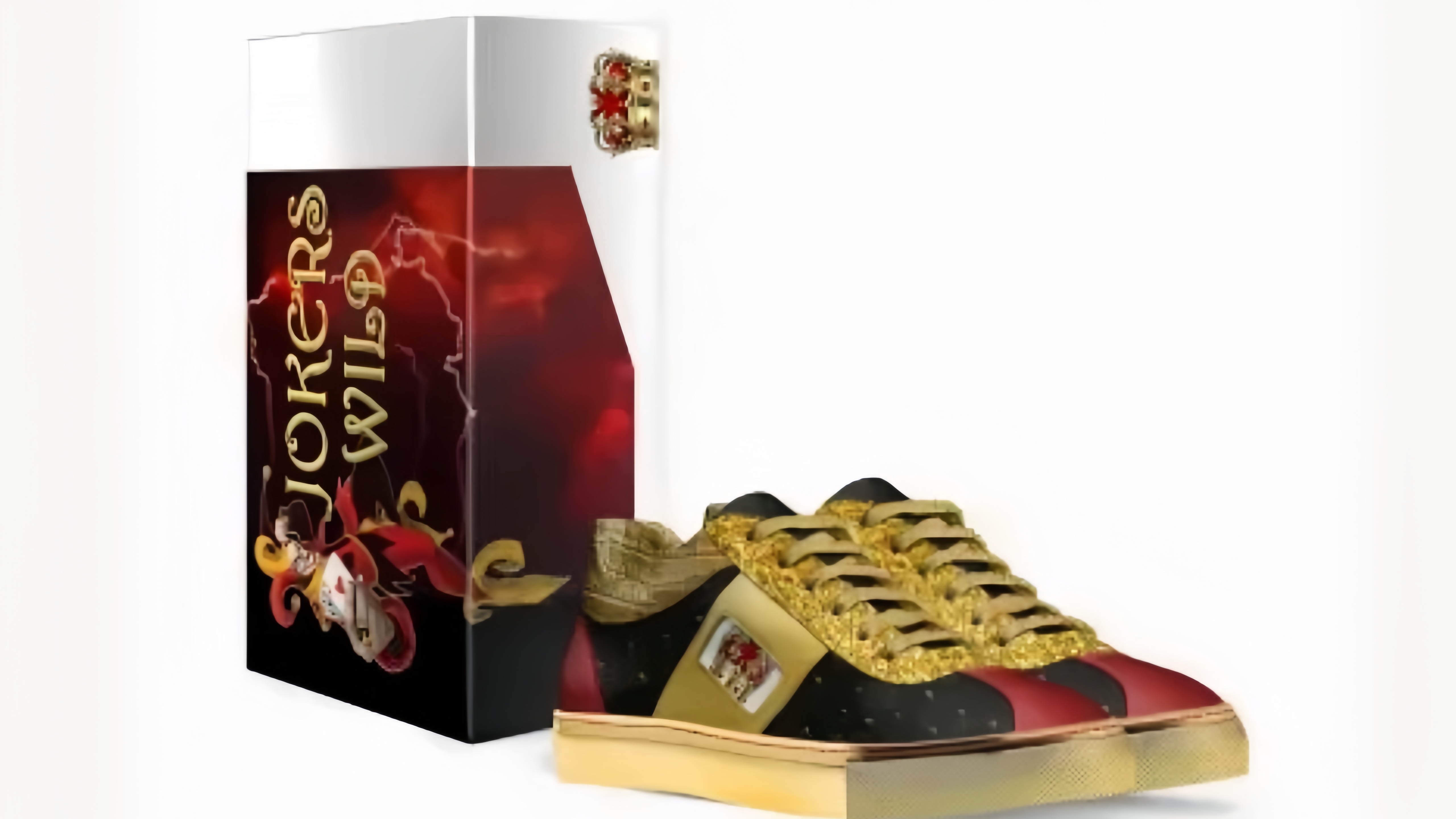 A pair of luxury sneakers named 'Jokers Wild' featuring a gold and black design, placed beside their decorative box with vibrant graphics.